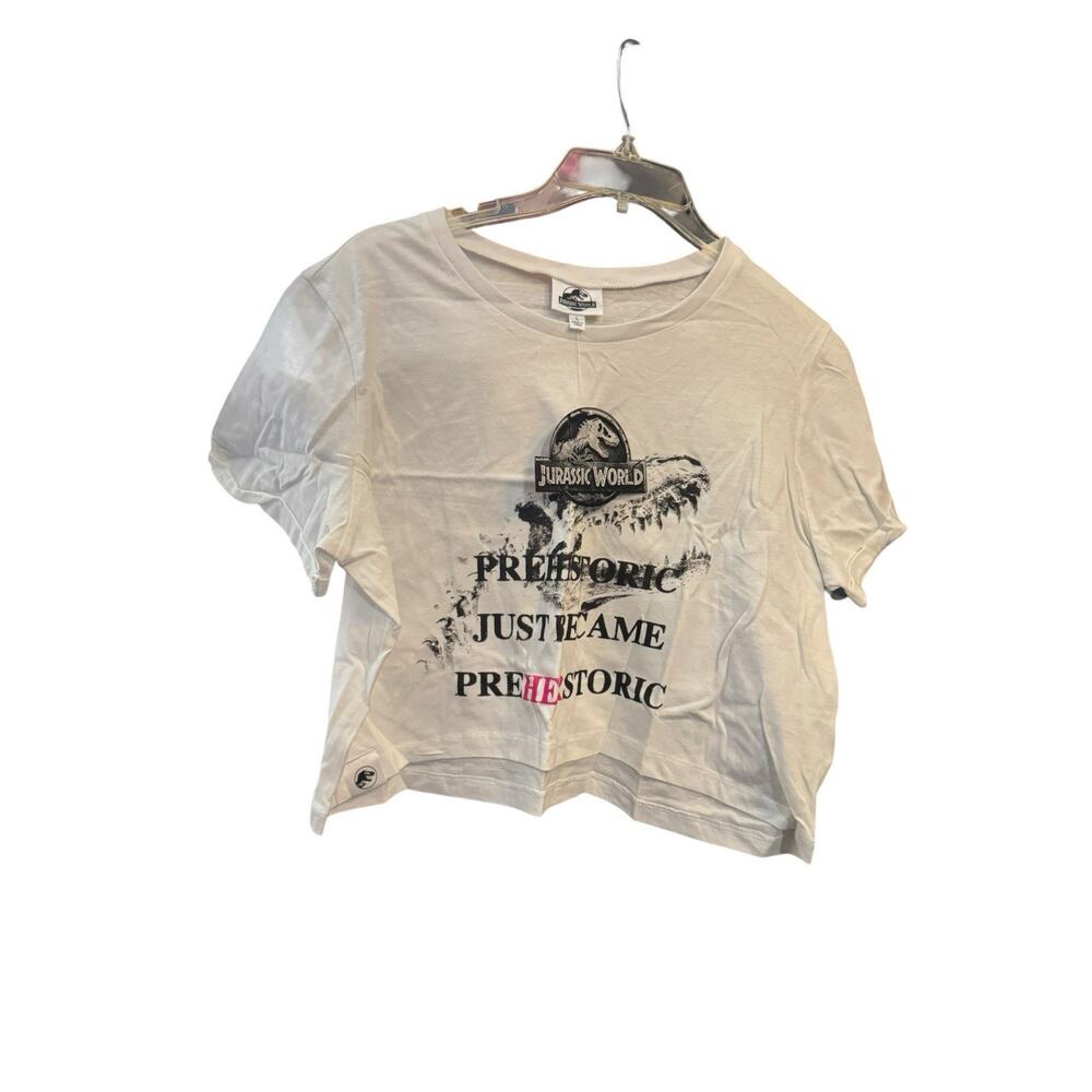 Jurassic World PreHERstoric White Graphics Crop T-shirt - Women's Size L Juniors